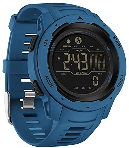 Reloj digital militar multifunción, contador de calorías, podómetro, cronómetro, alarma, retroiluminación LED, 5 ATM, resistente al agua, azul