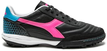 Diadora Calcetto LT Turf Fu ballschuhe Vollnarbenleder, verbesserte D mpfung, verschlei fester Gummi, Kunstrasen, optimale Traktion und Stabilit t, Schwarz/Rosa/Cyanblau, 43 EU