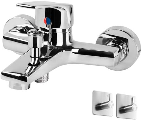 Rubinetto per Vasca da Bagno Miscelatore a Parete Monocomando con Doppia Modalità, in Ottone e Controllo Caldo/Freddo, Senza Doccetta (Cromato con Ganci)