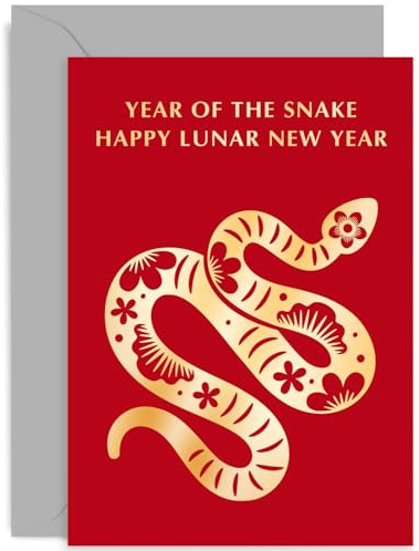 Élégante carte de Nouvel An lunaire pour la famille et les amis – Carte de l'année du serpent – Carte de vœux animal du zodiaque chinois – Carte de vœux rouge en feuille d'or 2025