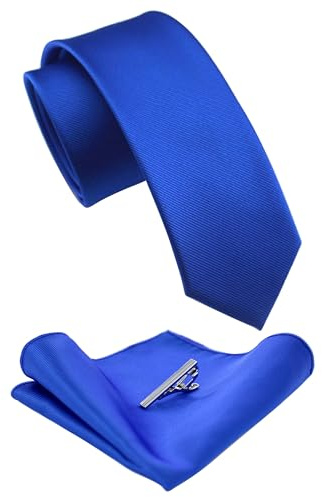 Jemygins Ensemble de cravate fine pour homme et mouchoir avec pince à cravate 6 cm, bleu roi, M