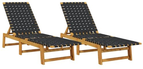 vidaXL Lot de 2 Chaises Longues, Bain de Soleil avec Dossier Réglable, Transat de Patio Terrasse Extérieur, Noir Bois d'Acacia Solide et Tissu
