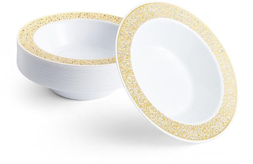 MATANA 20 Cuencos de Plástico Blanco con Borde Dorado, 360ml - Cuencos Sopa, Platos Hondos para Bodas, Cumpleaños, Barbacoas, Fiestas - Resistentes y Reutilizables