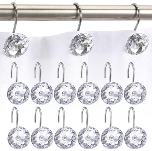 12 Pezzi Anelli per Tende da Doccia, Anello per tenda da doccia in pietra preziosa acrilica trasparente, Anelli da Doccia in Acciaio Inox con Sistema di Scorrimento