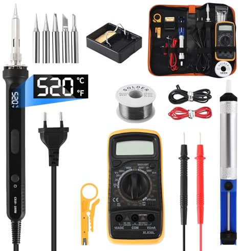 Soldador de estaño, kit de Soldador 100W, Profesional Soldadura Eléctrónica, Temperatura Ajustable 180℃-520℃, con multímetro digital, 5 puntas de soldador, soporte para DIY, Reparaciones Diversas