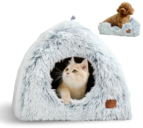 CATISM Cama para Gatos, Cueva para Gato de Interior, Plegable Cúpula Suave para Gatos, Casas para Gato 2 en 1 con Acolchada Lavable (45 x 45 x 45 cm), Camas para Gatitos y Perros Pequeños, Gris