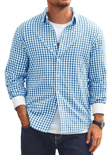 Runcati Camisa de hombre a cuadros de manga larga para el tiempo libre, corte regular, camisa tradicional Oktoberfest con botones, camisa informal, azul, 5XL