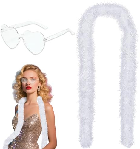 GWAWG Set di 2 boas in piuma artificiale con occhiali a forma di cuore, decorazioni artificiali per accessori da ballo, 2 m di colori disponibili (White)