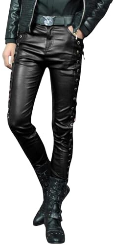 Pantaloni in pelle con allacciatura laterale, da cowboy, pantaloni da equitazione, punk, skinny, pantaloni in pelle, per feste, palcoscenico, club web, steampunk, in similpelle, jeans da motociclista