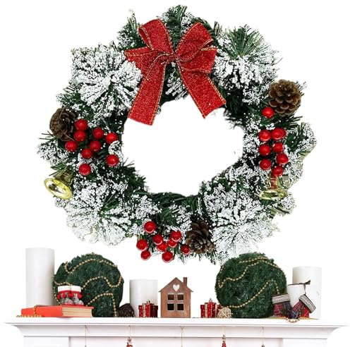 Corona de Navidad, Corona Decorativa con Lazo, Campanas y Bayas, Guirnalda Artificial Realista para Chimenea Porche Pared Ventana Puerta Principal Hogar Restaurante Hotel