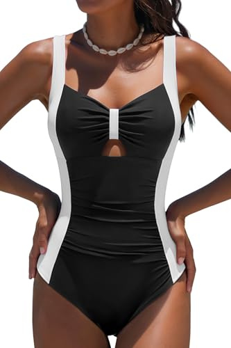 popvil Women One Piece Swimsuit 2026 Tummy Control Flattering Bathing Suit Black White Ruched X-Large