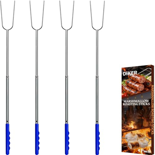 DIKER Marshmallow Roasting Sticks for Fire Pit, Smores Sticks, Hot Dog Sticks for Campfire, Extra Long 27.5 Stainless Steel Smores Skewers, Campfire Camping RV Outdoor Cooking Essentials, 4 Pack