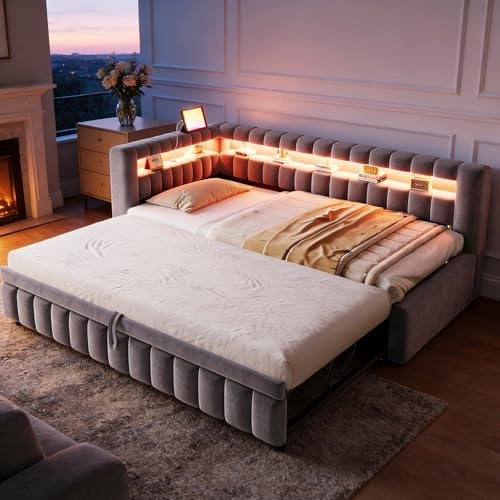 Arhatreya Gestofferad säng 90 x 200 cm med utdragssäng – bäddsoffa med LED-belysning, rymligt huvudstycke och ryggstöd, USB-laddningskontakt, klassisk randigt mönster, sammetsstoff grå