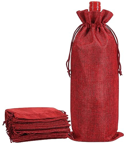 Shintop 10pcs Jute Wine Bags, 14 x 6 1/4 inches Hessian Wine Bottle Gift Bags with Drawstring (Red)