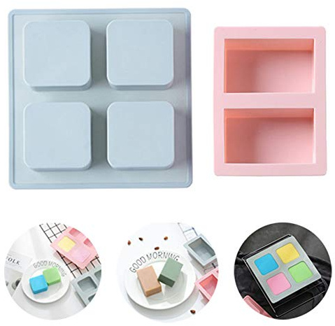 BuxiuGK 2 Pièce Moule Savon Silicone Rectangulaire 4 Cavités et Carré Savon Moule 2 Cavités pour DIY Savon Faits Maison,Glaçons,Artisanat en Résine,Moule à Gâteau Mousse-Bleu & Rose