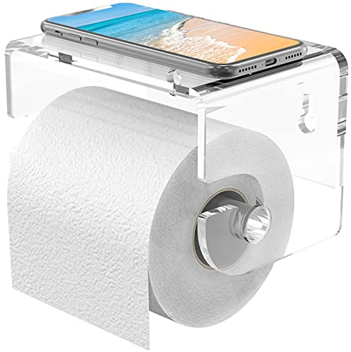 Adhesive Toilet Paper Holder with Shelf, Bathroom Toilet Paper Roll Stand, Wall Mounted Tissue Storage Holder, Acrylic Bathroom Accessories, with 3M Self Adhesive No Drilling (Clear)