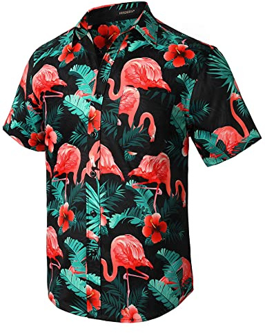 HISDERN Men Funky Hawaiian Flamingo Shirts Short Sleeve Front Pocket Holiday Summer Aloha Beach Casual Mint Black Pink Hawaii Shirt