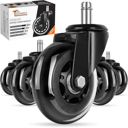 YUCONECT Ruedas Silla Oficina Goma 11 x 22 mm para Pisos de Madera y Alfombras Soportan hasta 300 Kg - Set de 5 Ruedas para Sillas Oficina Silenciosas y Resistentes que No Rayan El Suelo Transparentes
