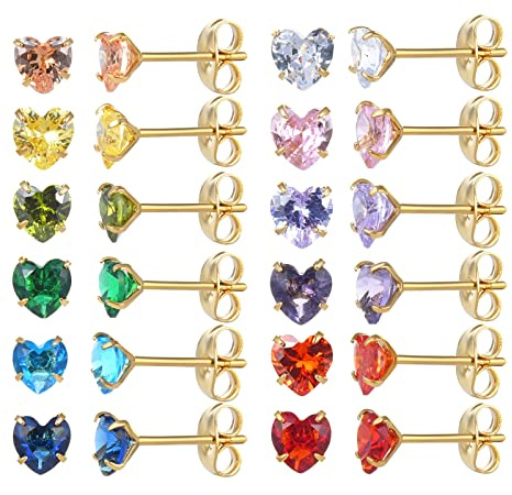 Lot de 12 paires de boucles d'oreilles à tige en acier inoxydable chirurgical plaqué or 18 carats en forme d'étoile et cœur en forme de larme carrée en oxyde de zirconium
