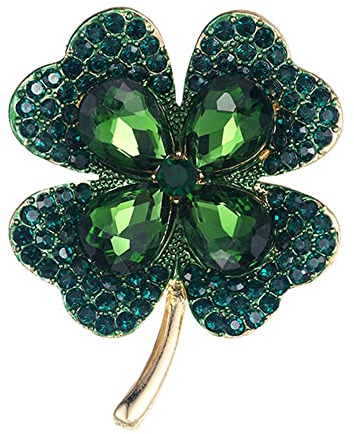 Rhinestone Green Clover Leaf Brooch Pin for Women Girls Unisex Gold Plated Vintage Crystal Flower Brooches Lapel Pins Luck Decor Dress Accessories St Patrick's Day Holiday Christmas Jewelry Gift