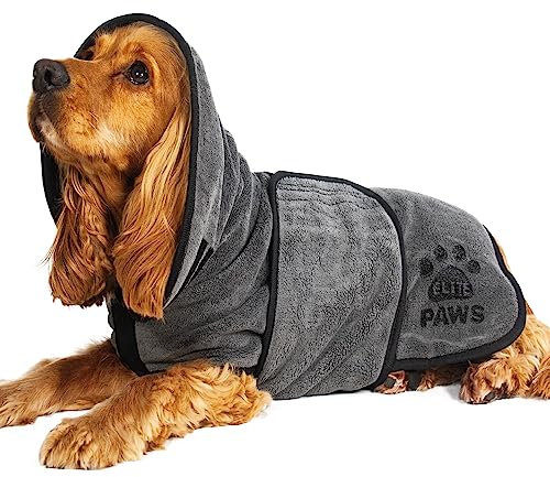Elite Paws® UK: Luxury Dog Drying Coat, Thicker & Softer Than Most Bath Robes, Dries Pets in About 20-30 Mins, Super Absorbent Microfibre, Limits Mess, Covers Ears, All-Season Dressing Gown Towel, L