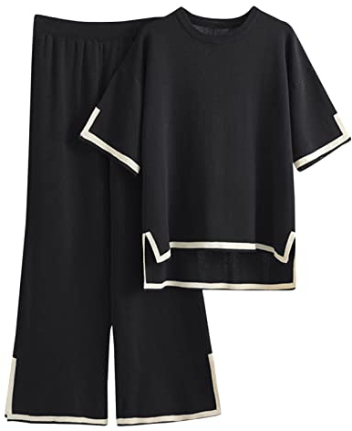 IQYU Hemmadräkt dam utan huva sommar joggingdräkt billig byxdräkt elegant lång kortärmad pyjamas vida ben sommarbyxor + toppar träningsoverall-fritidsklädsel-sportdräkt, svart, En Storlek