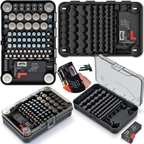 Batteriebox Tragetasche Aufbewahrungsbox für Batterieorganisator mit Batterietester II Hält 85 Batterien II AA AAA C D 9V II INKLUSIVE Tester