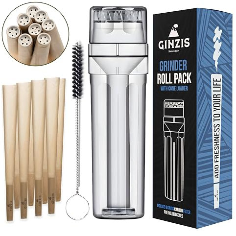 Ginzis 3-in-1 Herb Grinder Cone Loader Grinder Roller - Portable Grinder and Cone Filler, All-in-One Rolling Machine and Travel-Friendly Cone Storage - Includes 8 Carbon-Filtered Pre-Rolled Cones