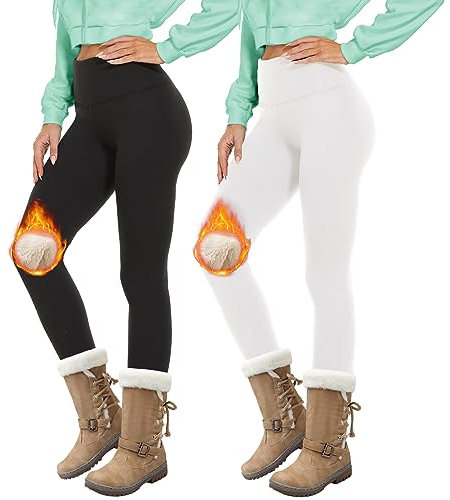 DDOBB 2er Pack Thermo Leggings Damen Gefütterte Thermoleggings Im Winter Fleece Leggins High Waist Thermohose Blickdicht Warme Hose für Alltag(Schwarz+Weiß, S)