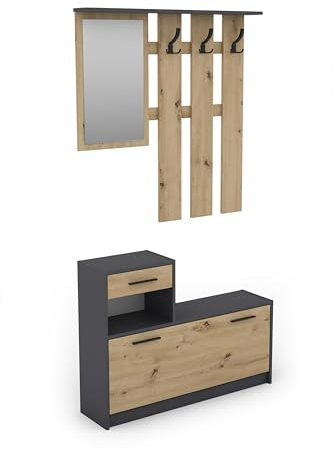 byLIVING Garderoben-Set Tamina/Kommode mit Schuhschrank + hängende Garderobe mit Spiegel/anthrazit/Fronten braun Artisan Eiche/Flur-Schrank/Schränke/Regal / 100 x 190 x 25 cm (B x H x T)
