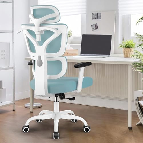 DoChair Bürostuhl Stretch Mesh Rückenlehne ergonomisch Schreibtischstuhl Verstellbarer Kopfstütze und Höhe Gaming Stuhl mit Aufhänger, Hellblau