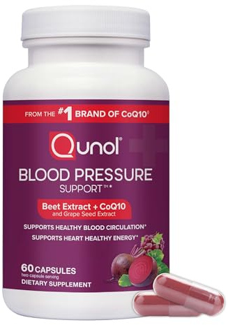 Qunol Blood Pressure Support, 3 in 1 Beets + CoQ10 + Grape Seed Extract, Beet Root Capsules that Supports Healthy Blood Circulation & Heart Healthy Energy, 60 Count (Pack of 1)