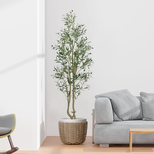 Faux Olive Tree 6ft, Artificial Trees for Home Decor Indoor with Adjustable Branches and Lifelike Fruits- Easy Assembly, Low Maintenance (Multi-Pole Olive Tree, 6ft)