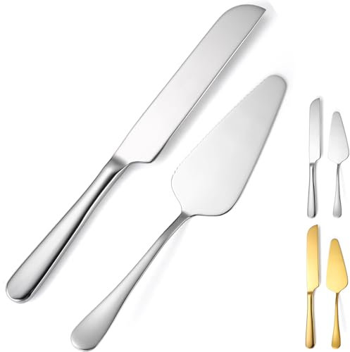 Kucensi Wedding Cake Knife and Server Set, 2Pcs Stainless Steel Cake Cutting Set, Silver Cake Cutter and Cake Server for Wedding, Birthday, Party, Christmas
