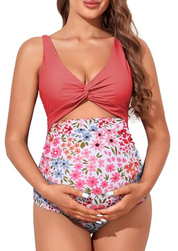 Summer Mae Costume da bagno intero con ritaglio premaman Twist Front Criss-Cross Costume da bagno a vita alta Costumi da bagno per gravidanza, Rosa floreale, M