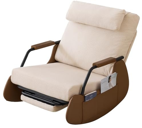 EROMMY Schaukelstuhl mit Klappbarer Rückenlehne,Schaukelsessel mit Kordober Holz und PU,Rocking Chair Schwingsessel für Wohnzimmer,Schlafzimmer,Beige