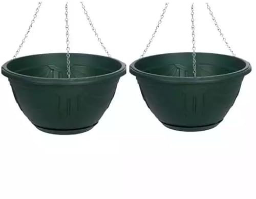 ZARVICZONIA Plastic Venetian Flower Basket Hanging Planter Garden Plant Pot With Chain 32cm (Green, Pack of 2)