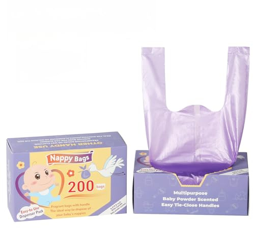 Sacchetti per lo smaltimento dei pannolini per bambini (200 pezzi) - Sacchetti per rifiuti portatili a tenuta stagna, biodegradabili, resistenti agli odori, per viaggi, passeggini e asili nido