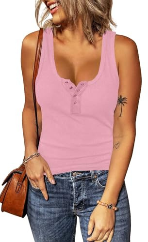 Haslike Canottiera Estiva da Donna, Casual, a Costine, Senza Maniche, a Costine, Rosa, M