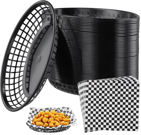 JIEHIN 50 cestas de plástico para servir comida rápida, color negro, 22,5 x 14 x 4 cm, con 100 hojas de papel Deli, cestas ovaladas para servir patatas fritas, cestas para servir restaurante, cestas