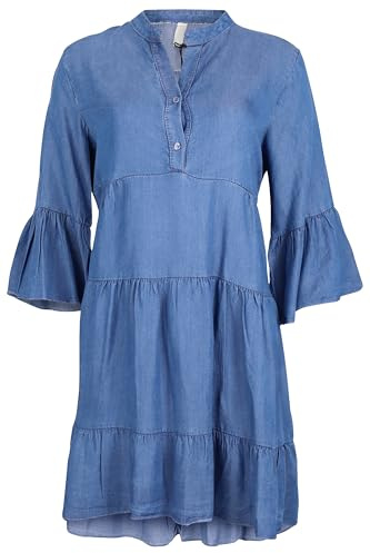 Malito – dam midi denimklänning – jeansklänning 3/4 ärm – ventilerande sommarklänning – volangklänning i jeanslook 2308, blå, 34-38