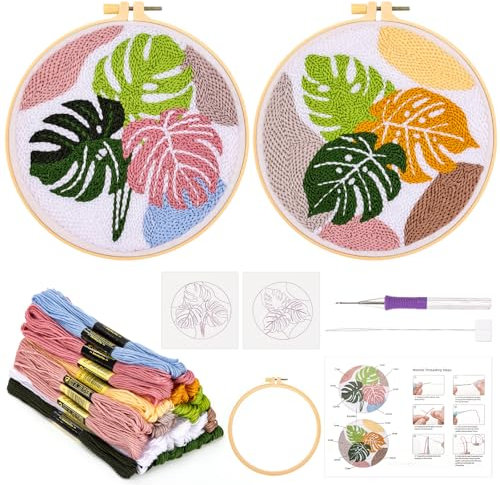 JSRQT Punch Needle Kit Completo Monstera Strumento di Ricamo per Principianti Bambini Adulti Aghi da Punzonatura Starter Mestiere con Telaio Embroidery Punto Croce Motivo a Floreale Istruzioni