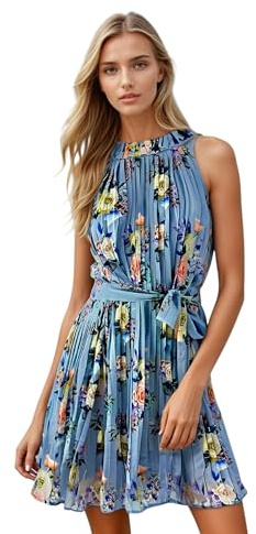 Di Lucia Women’s Wedding Guest Dress – Floral Halterneck Midi Summer Dress with Belt, Pleated Lightweight Occasion Dress (Blue)