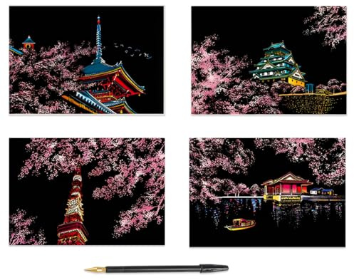OUDQFCJ 4 Scratch Art - Scratch Paper Art - Scratch Art Adulti -Utilizzato per Graffiti,Disegni E Dipinti. è Un Ottimo Regalo per Compleanni E Vacanze (Con Accessori da Disegno)