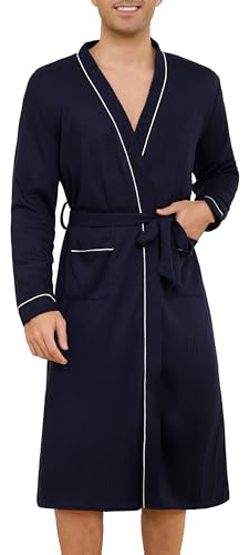 Lovasy Accappatoio Uomo Nido d'Ape Cotone Vestaglia Leggero in Maglia Waffle a Maniche Lunghe Morbido e Leggero Lunghezza al ginocchio Kimono con scollo a V e Cintura,A-Blu navy,XXL
