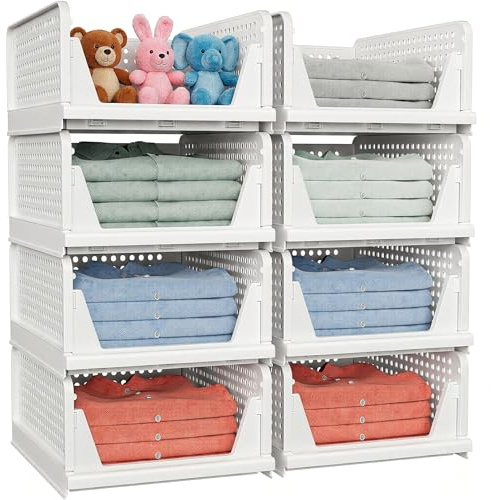 8 Pack Stackable Closet Storage Basket - Stackable Storage Bins, Multifunctional & Foldable Closet Organizer Waterproof, Wardrobe Cupboard Space-Saving Hat Storage Drawer Organizer, White