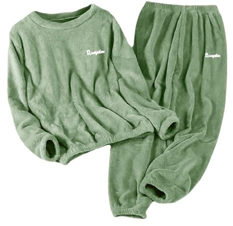 Pigiama Uomo Donna Invernale S-5XL in Velluto Corallo Spessore 2 Pezzi con Pullover Pile e Pantaloni Caldo Pigiami Abbinati Coppia Simpatici Casual Matching Pajamas Elegante per Case Esterno,Verde