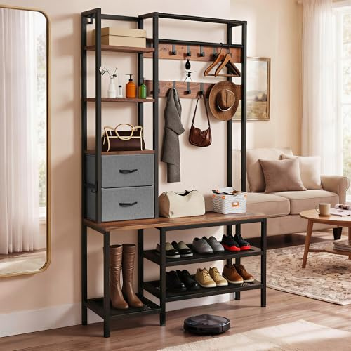 YITAHOME Clothes Rack Coat Stand Shoe Rack, Hallway Storage Unit, Black | Freestanding Coat Rack with Shoe Storage Bench, 9 Hooks, 2 Drawers and Shelves; Industrial Living Room Bedroom, 120x40x180cm