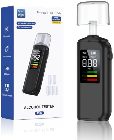 ZORVENIX Alcoholimetro Homologado, Pantalla Digital LED de Alta definición, Carga Type-C, Alcohol Test con 5 Boquillas, para Uso Personal Familiar y Profesional