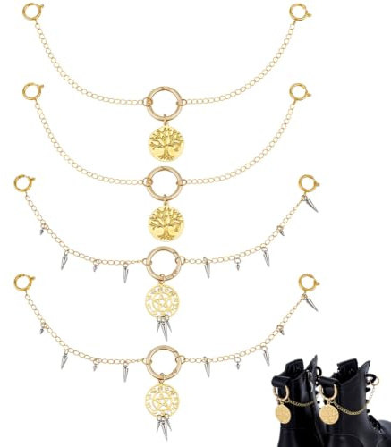 PH PandaHall 4 cadenas para botas de estilo punk gótico con estrella dorada y colgante del árbol de la vida de latón para mujeres, 28,5 cm Charm de metal para decoración de zapatillas, botas, zapatos